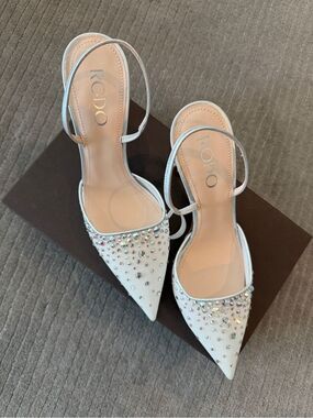 Rodo White Crystal-Studded Pointed Slingback Heels
